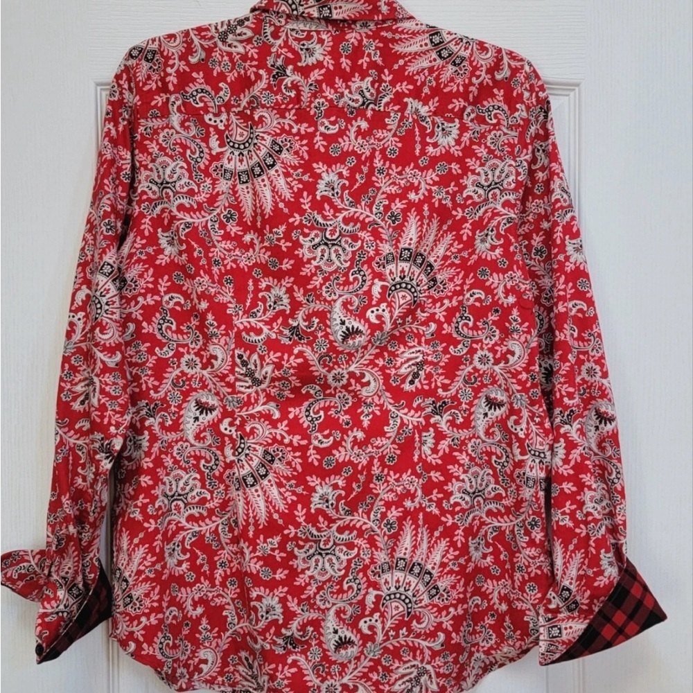 Chaps Shirt Women's Sz 2X No Iron Red Paisley Button-Up Buffalo Plaid Flip Cuff - Picture 4 of 7